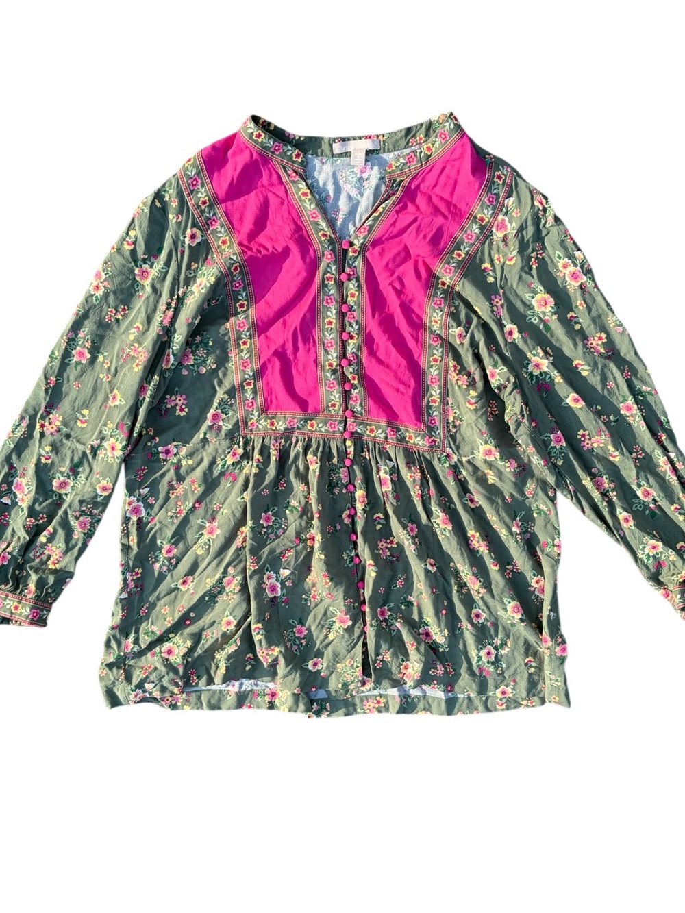 Woman Within 1X Floral Boho Blouse Green Pink Embroidered Trim Rayon Tunic Top